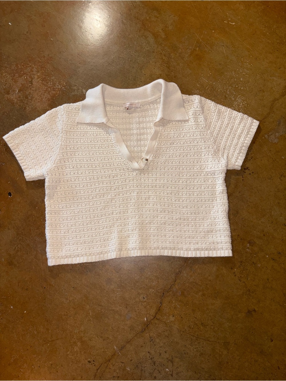 Skies Are Blue White Knit Polo Crop Top with Textured Stitching
